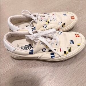 Vans Cream Canvas Sneakers with Multicolor Nautical Flag Embroidery